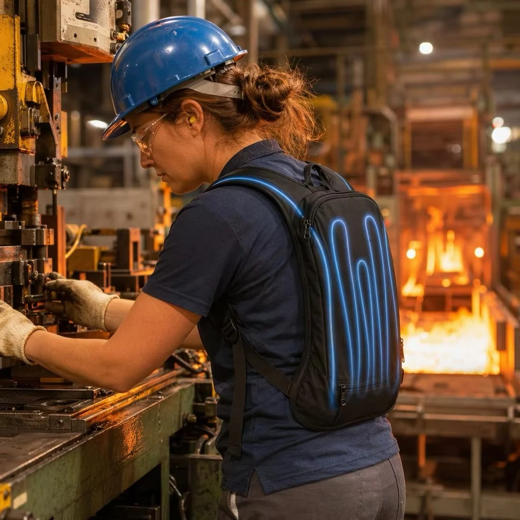 Factory worker wearing an industrial liquid cooling vest Factory worker wearing an industrial liquid cooling vest